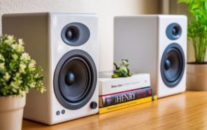 wireless bookshelf speakers on desk with plants
