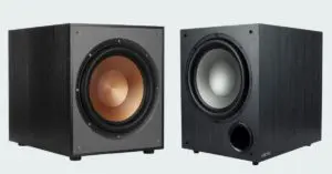Graphic comparing Klipsch R-120SW and Jamo C 912